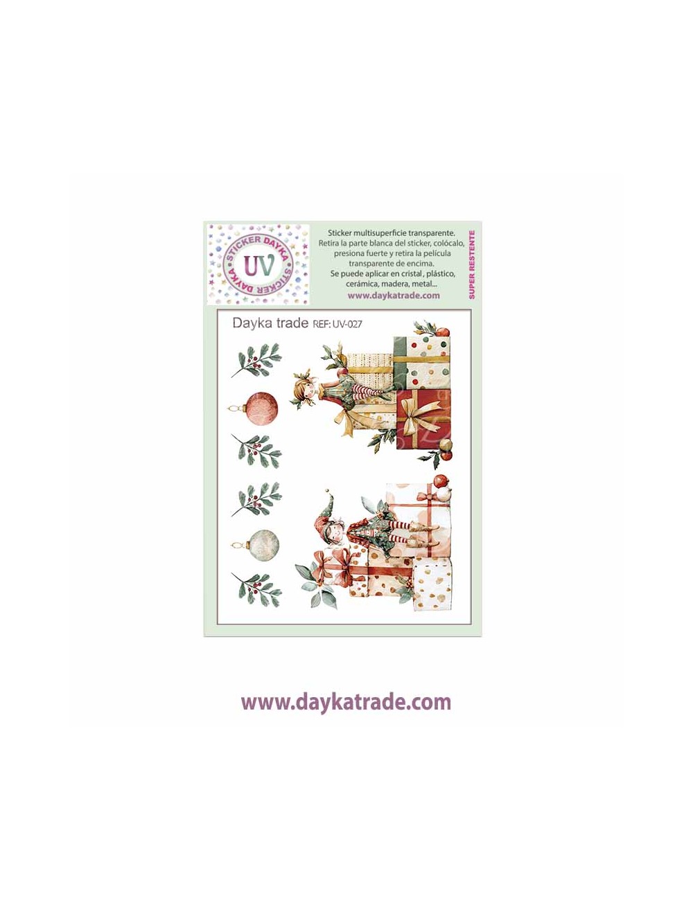 UV Sticker transparente duendes con regalos