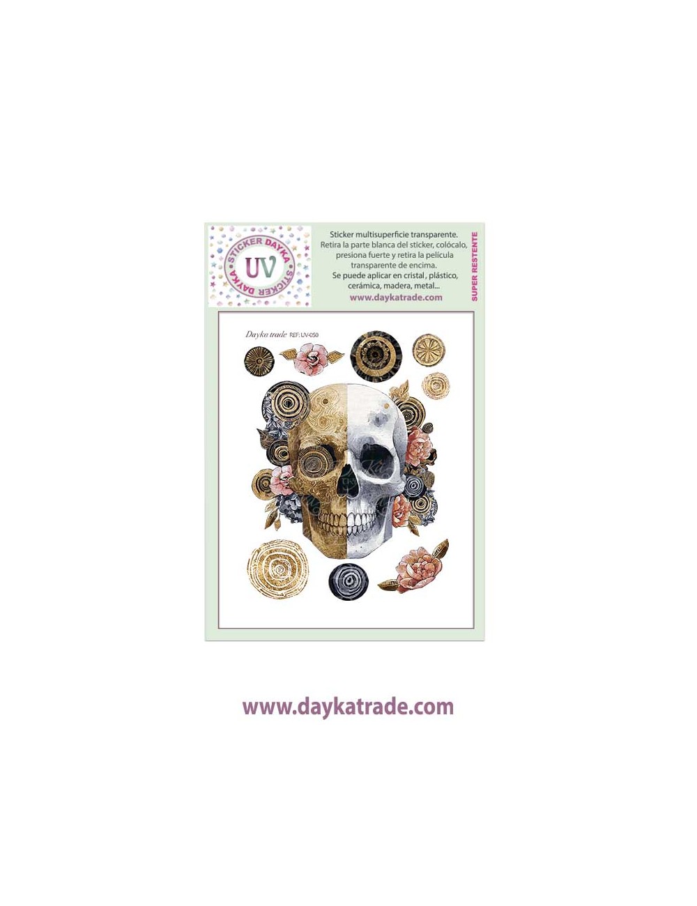 UV Sticker transparente calavera de frente con flores