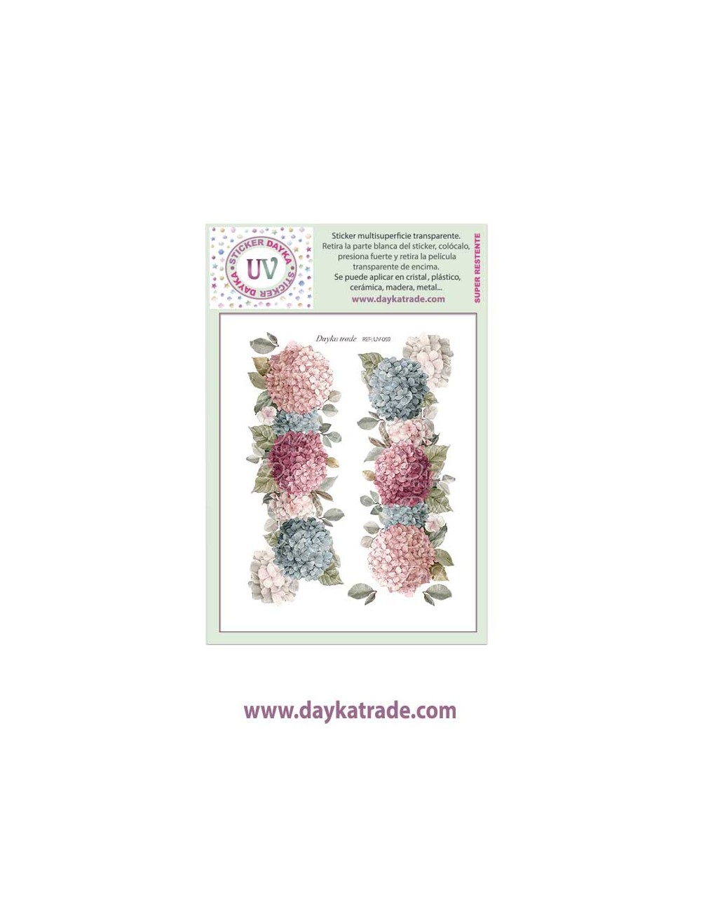 UV Sticker transparente con dibujo de hortensias