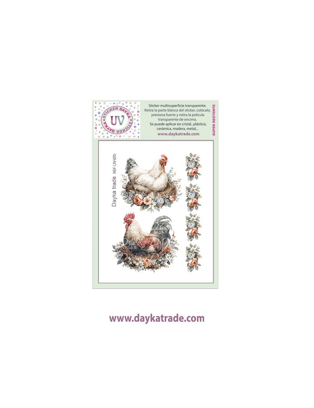 UV Sticker transparente con dibujo de gallina y gallo