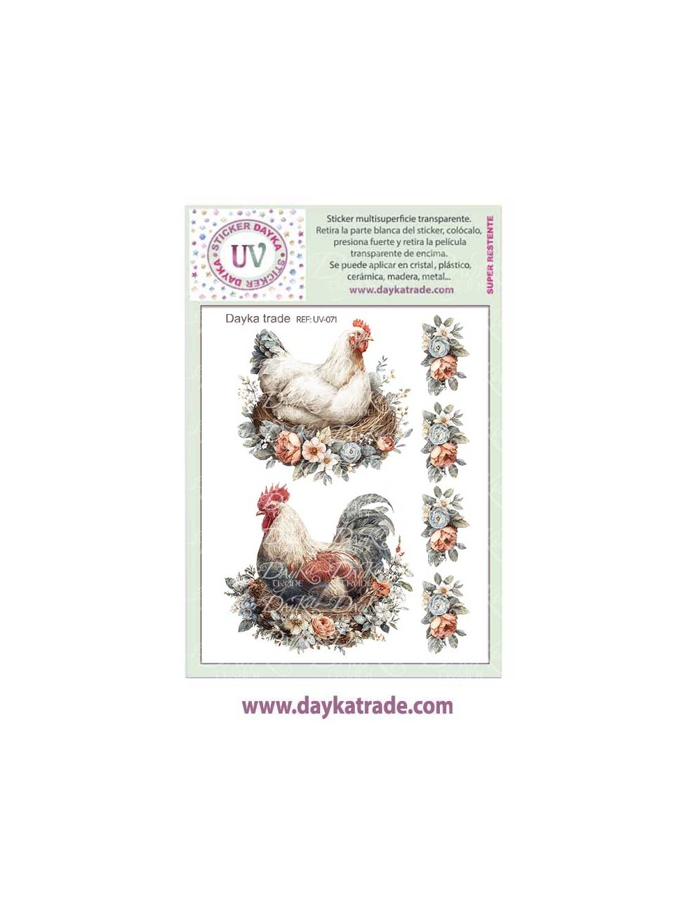 UV Sticker transparente con dibujo de gallina y gallo