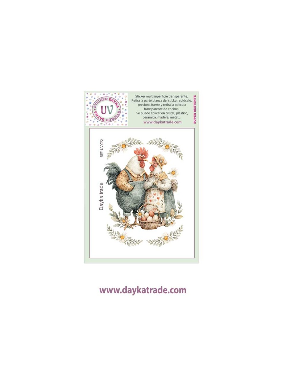UV Sticker transparente con dibujo paraja de gallo y gallina