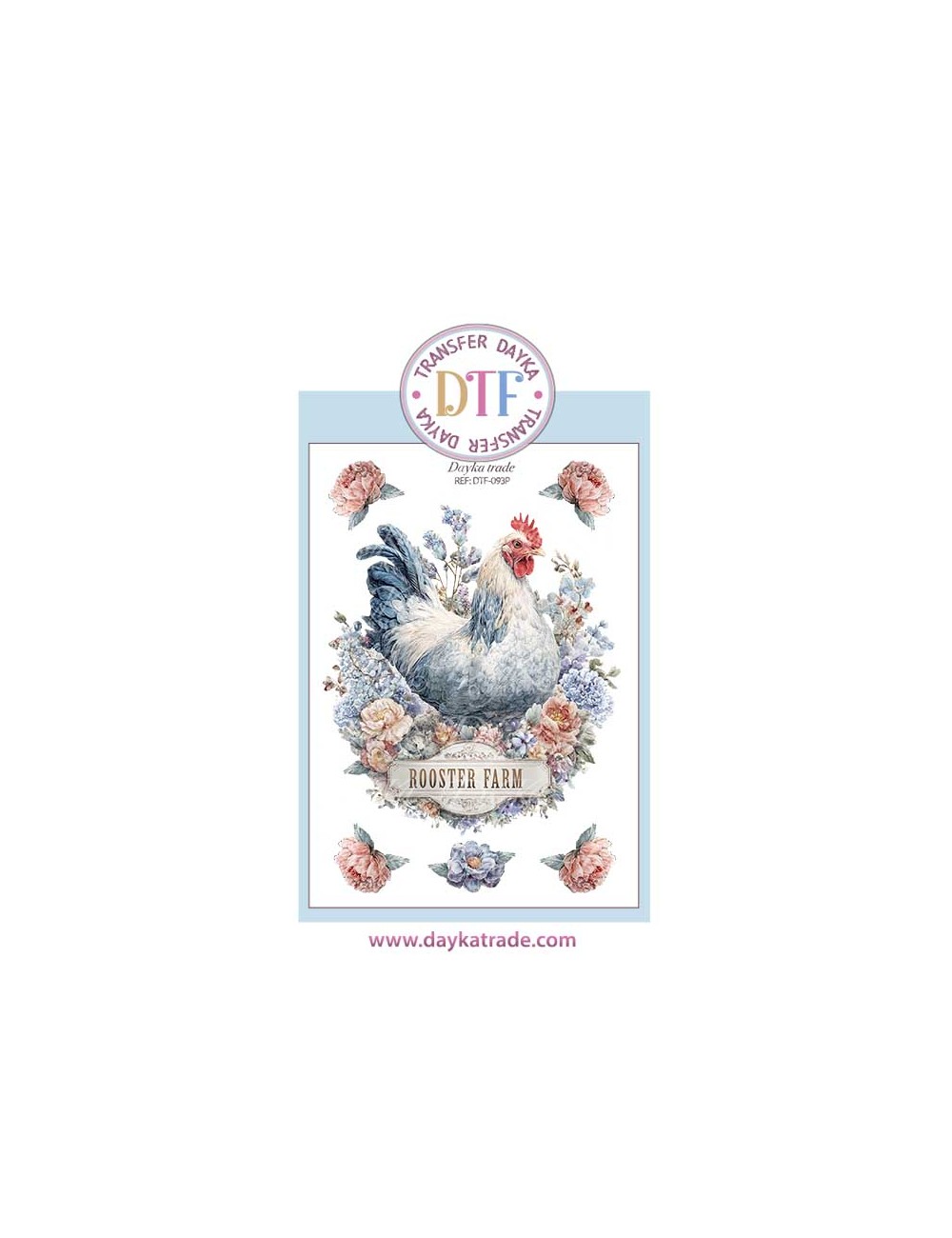 Trasferencia textil con dibujo de gallina azul con cartel