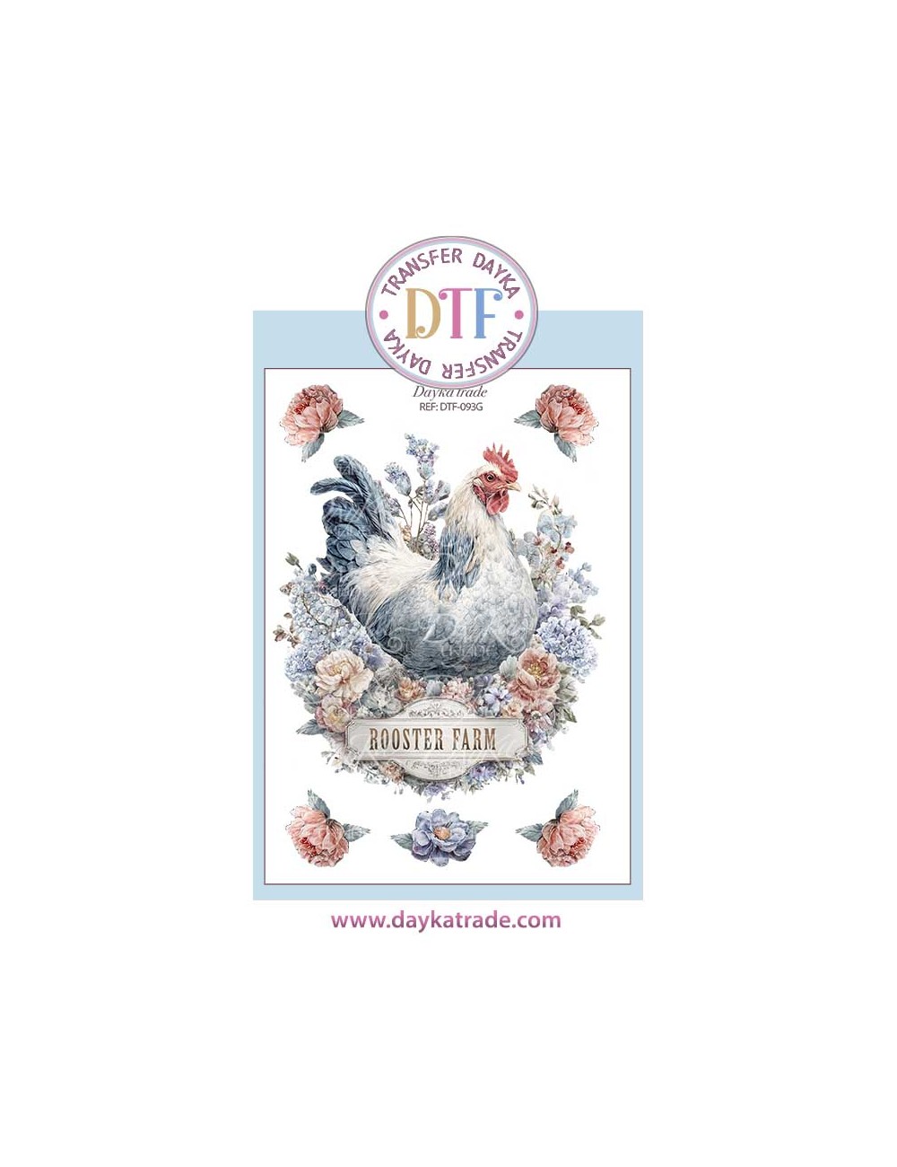 Trasferencia textil con dibujo de gallina azul con cartel