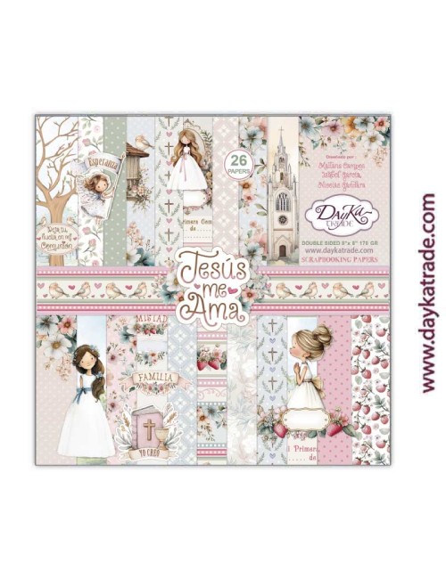Kit de papeles para Scrapbooking "Jesús me ama" niña 20x20 cm aprox.