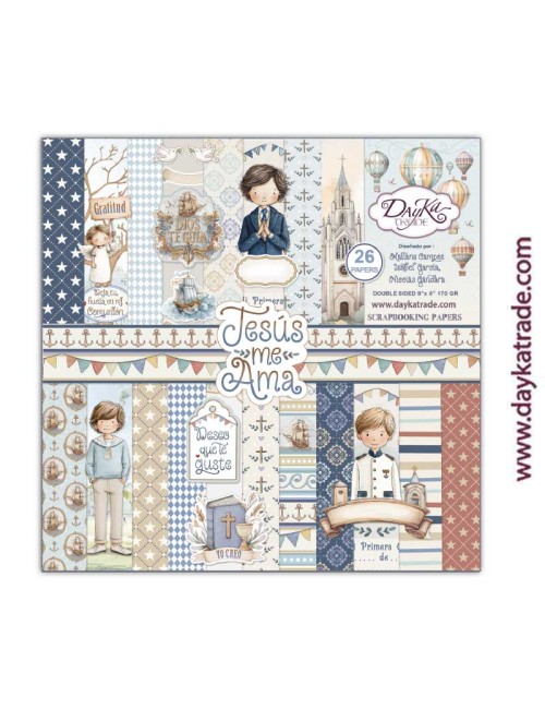 Kit de papeles para Scrapbooking "Jesús me ama" niño 20x20 cm aprox