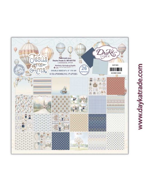 Kit de papeles para Scrapbooking "Jesús me ama" niño 20x20 cm aprox