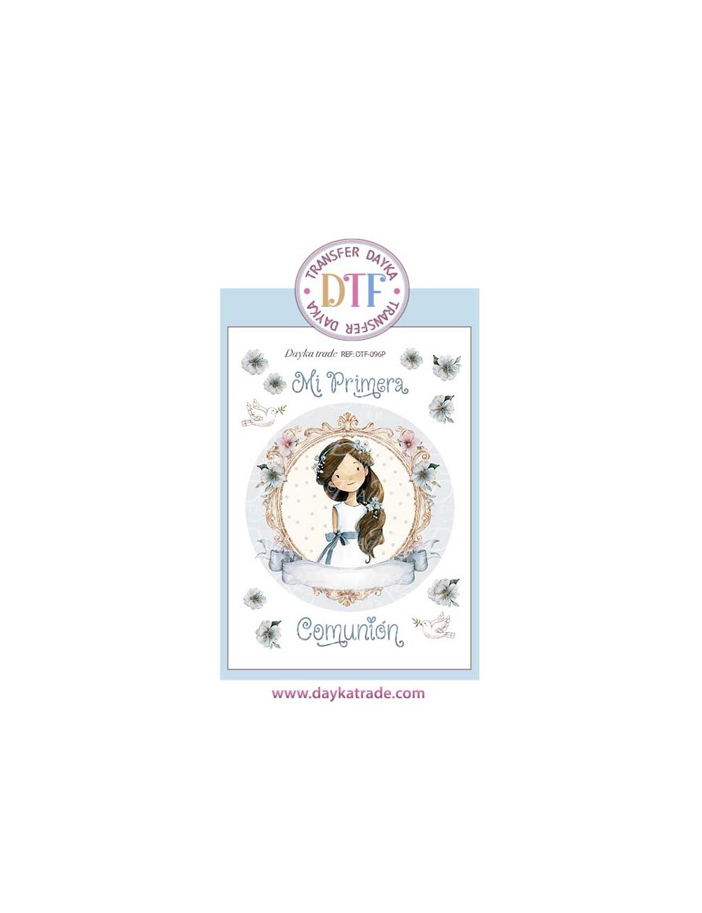 Trasferencia textil con colección Comunión "Jesús me ama" con niña morena