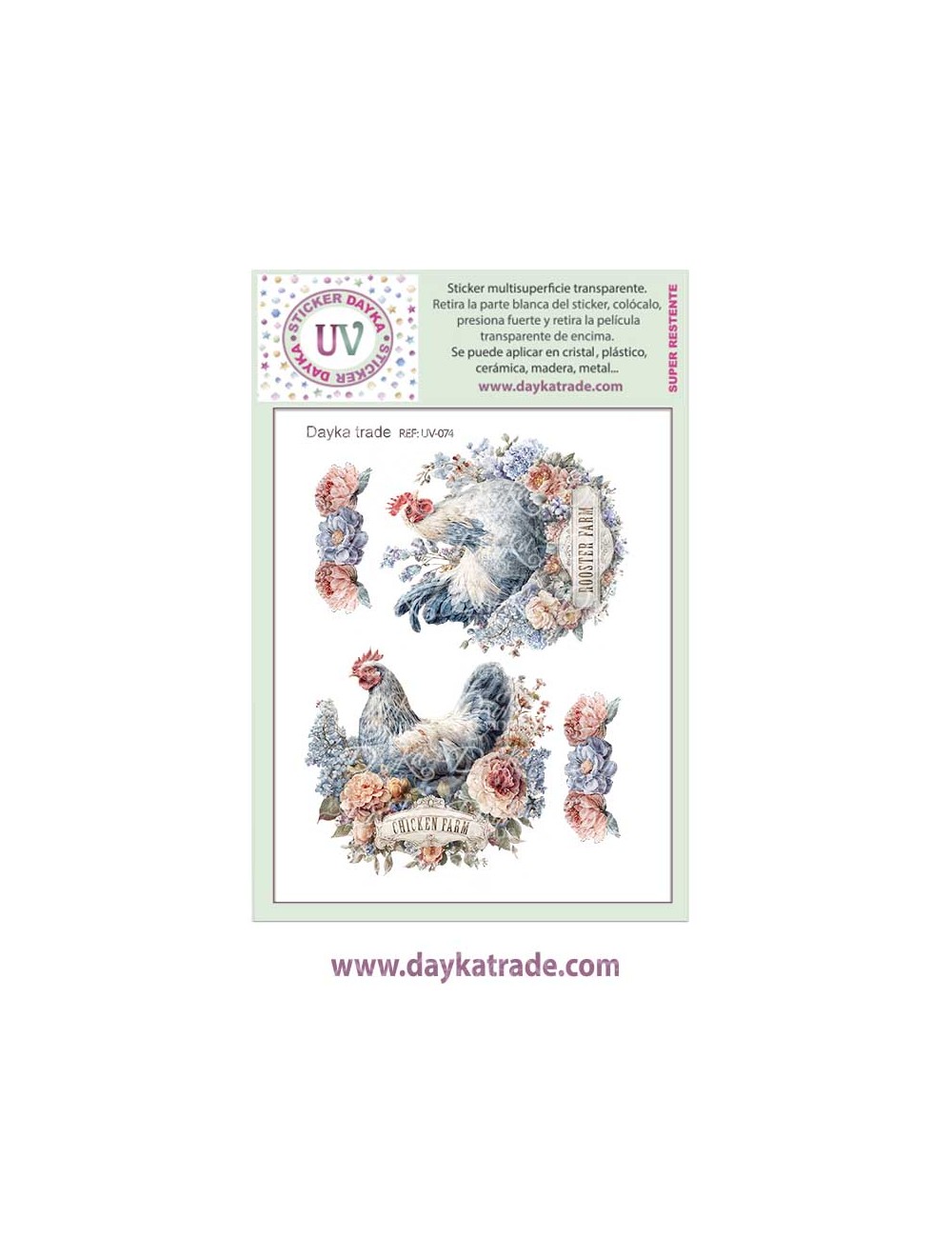 UV Sticker transparente con dibujo de gallina y gallo azules