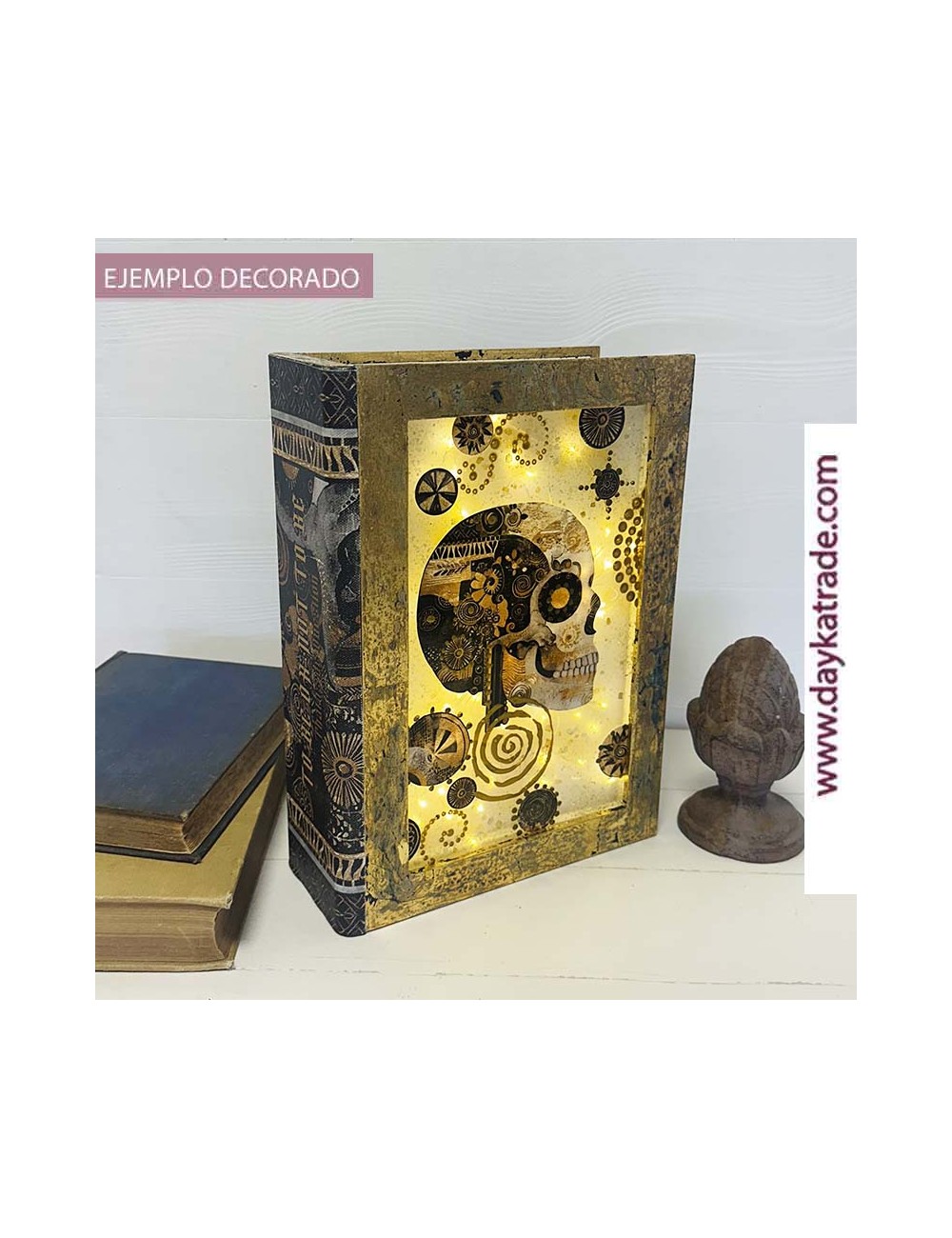 Caja libro calavera con luces, vitrina, lomo, sticker uv