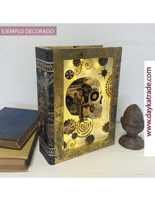 Caja libro calavera con luces, vitrina, lomo, sticker uv