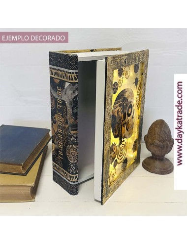 Caja libro calavera con luces, vitrina, lomo, sticker uv