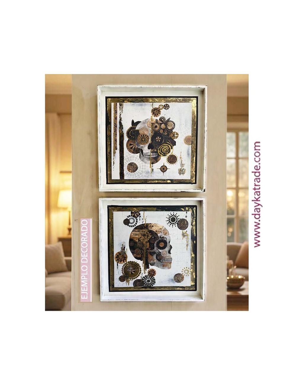 Pareja de cuadros de calaveras blanco, negro y dorado 40 x 40 cm