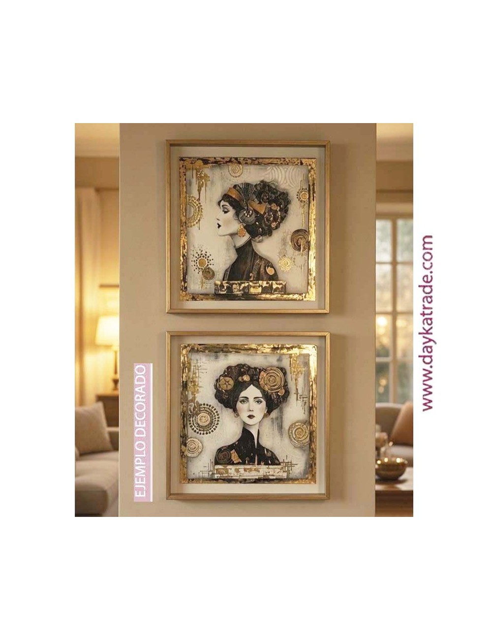 Cuadros de chicas blanco, negro y dorado 40 x 40 cm