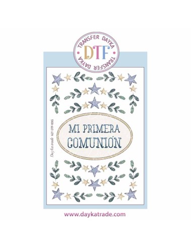 Trasferencia textil con colección Comunión "Jesús me ama" texto, ramas y estrellas