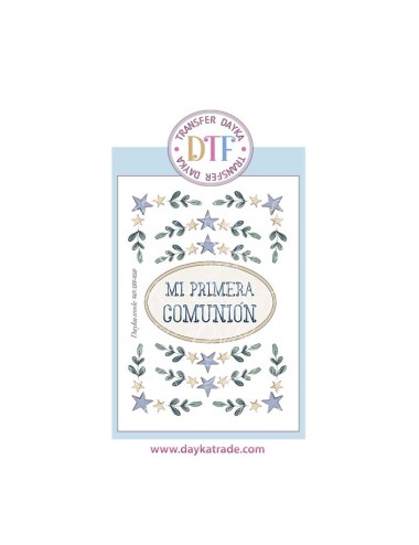 Trasferencia textil con colección Comunión "Jesús me ama" texto, ramas y estrellas