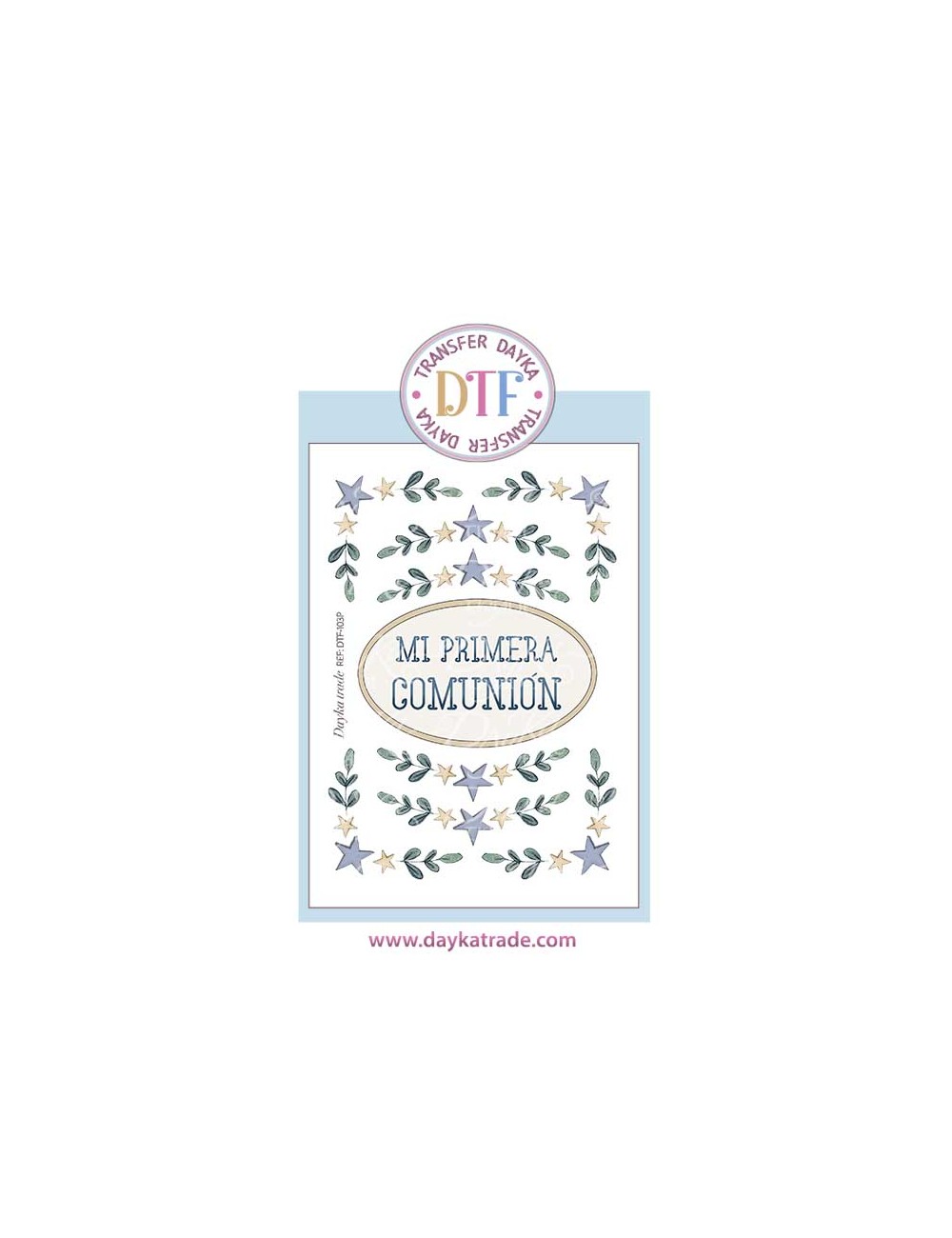 Trasferencia textil con colección Comunión "Jesús me ama" texto, ramas y estrellas