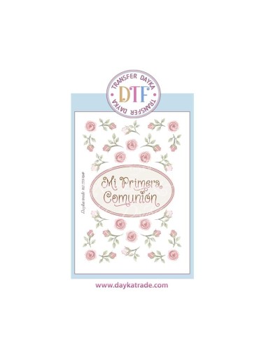 Trasferencia textil con colección Comunión "Jesús me ama" texto y flores