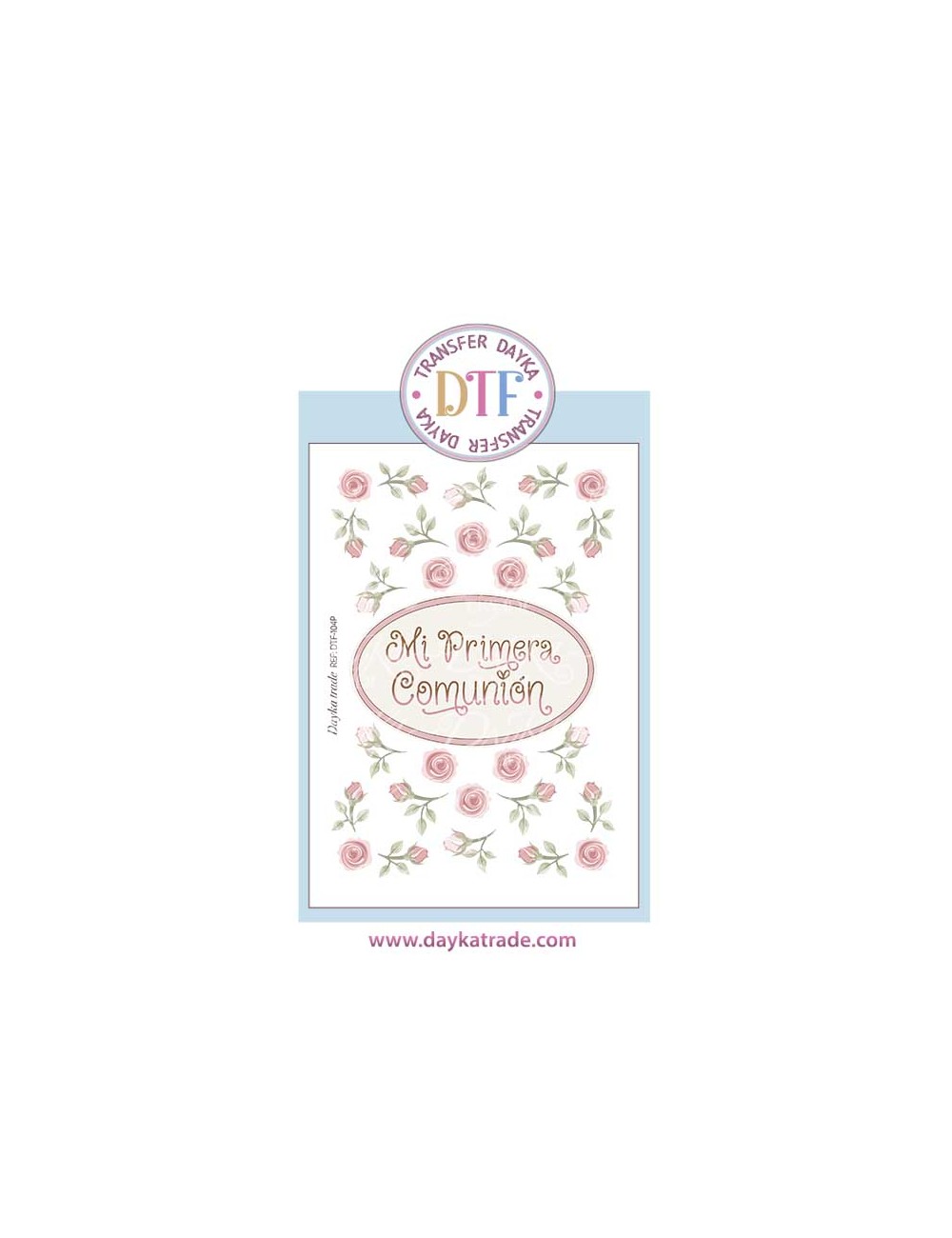 Trasferencia textil con colección Comunión "Jesús me ama" texto y flores
