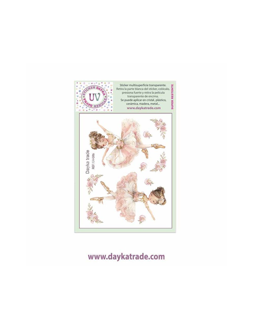 UV Sticker transparente con bailarinas rosas y flores