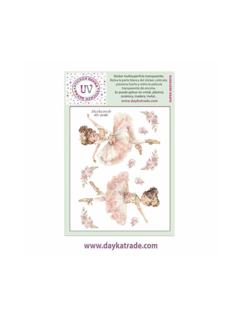 UV Sticker transparente con bailarinas rosas y flores