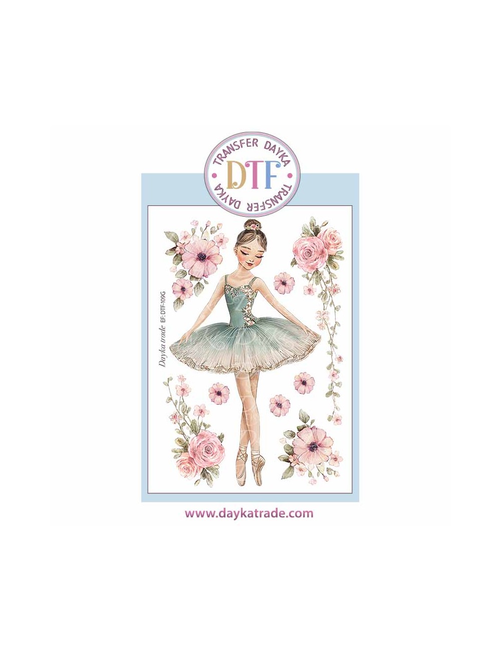 Trasferencia textil con dibujo de bailarina con vestido aguamarina y flores