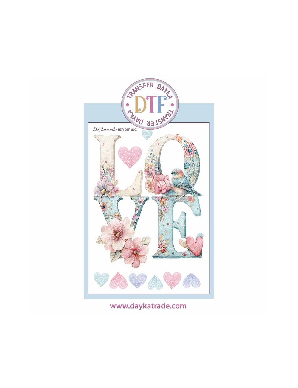 Trasferencia textil con dibujo de texto "LOVE" con corazones