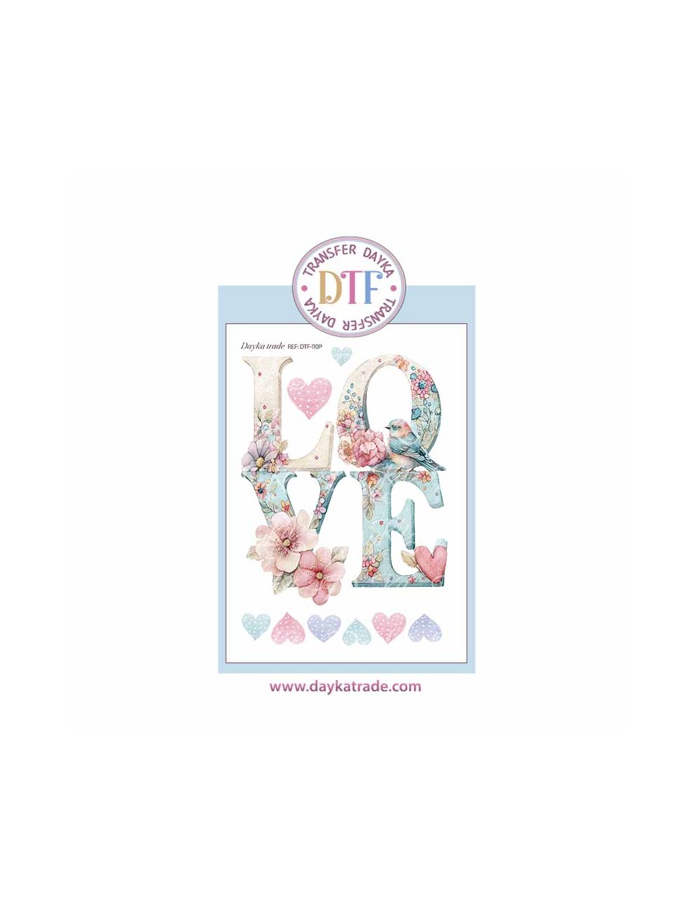 Trasferencia textil con dibujo de texto "LOVE" con corazones