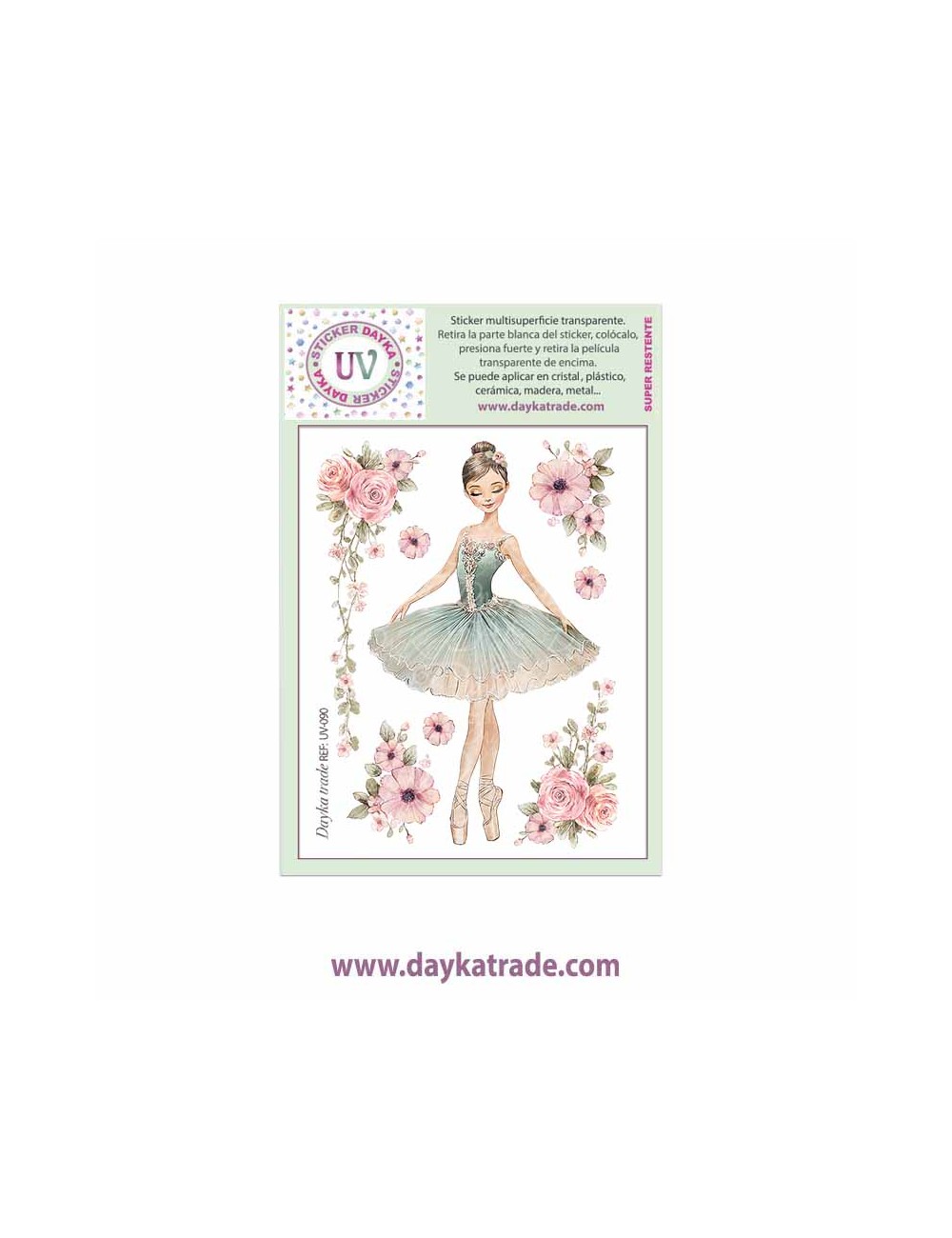 UV Sticker transparente con bailarina aguamarina con lores