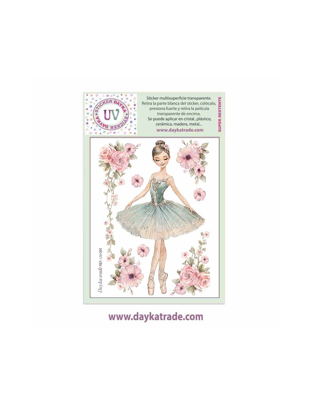 UV Sticker transparente con nailarina aguamarina y flores
