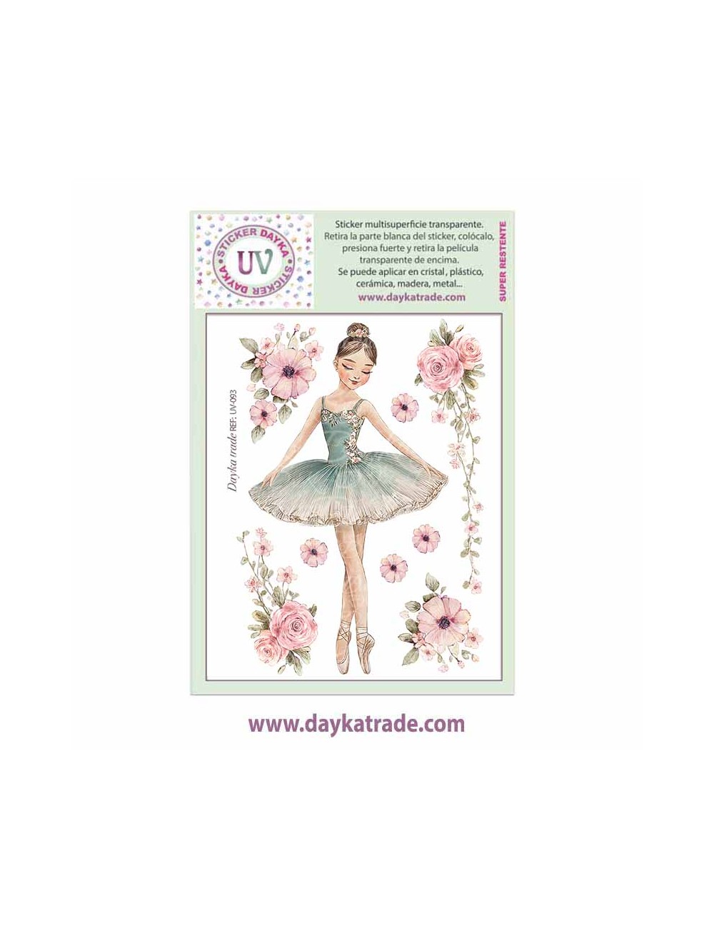 UV Sticker transparente con nailarina aguamarina y flores