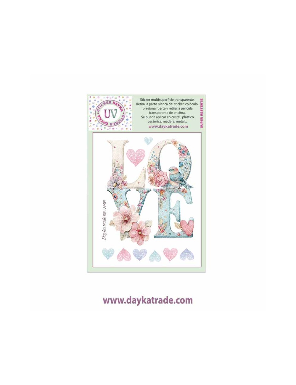 UV Sticker transparente con Texto LOVE y corazones