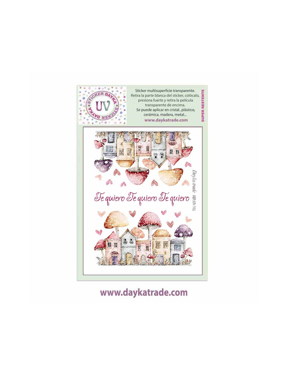 UV Sticker transparente con dibujo de casitas con setas y texto "Te quiero"