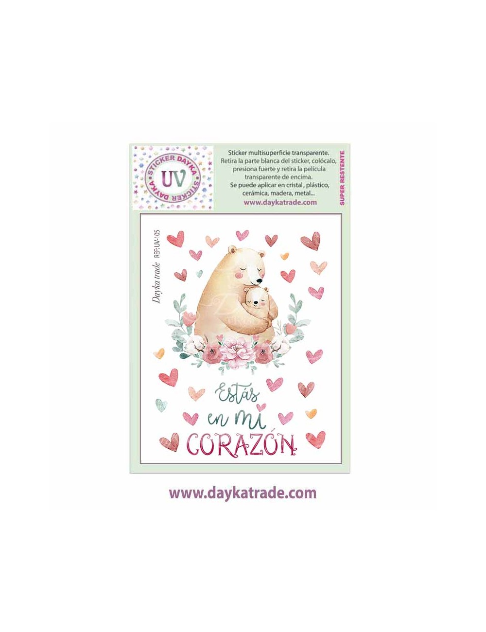 UV Sticker transparente con dibujo de ositos con frase "Estás en mi corazón"