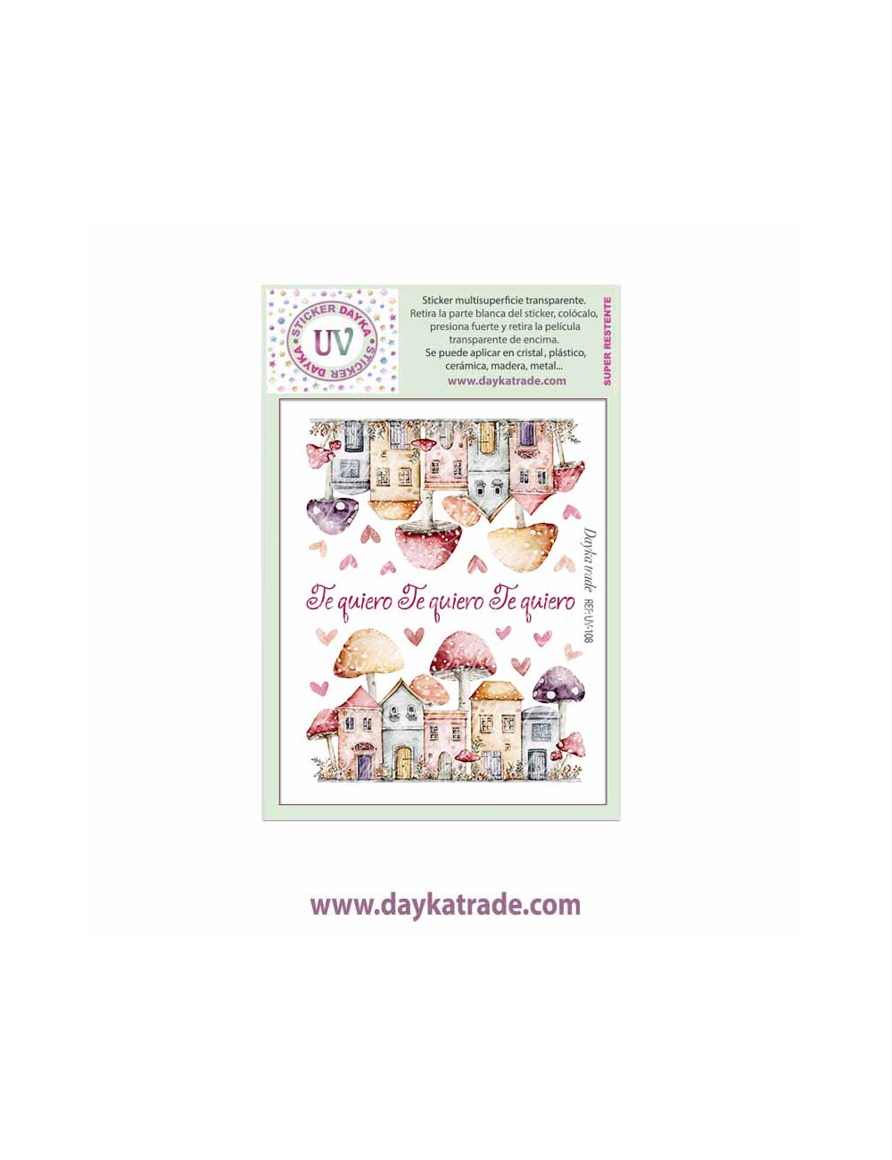 UV Sticker transparente con dibujo de casitas con setas y texto te quiero