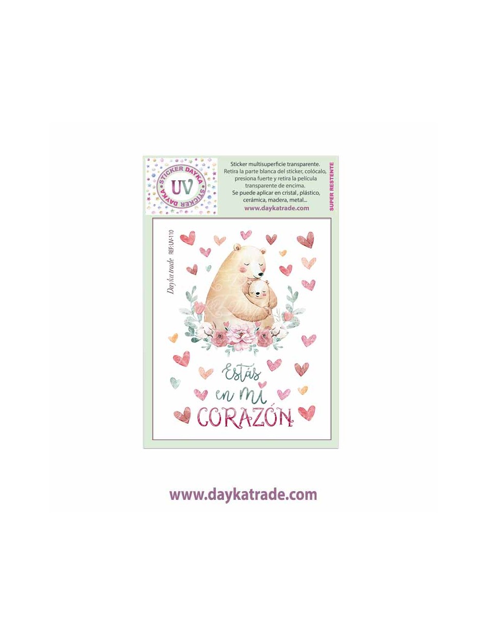 UV Sticker transparente con dibujo de ositos con frase "Estás en mi corazón"