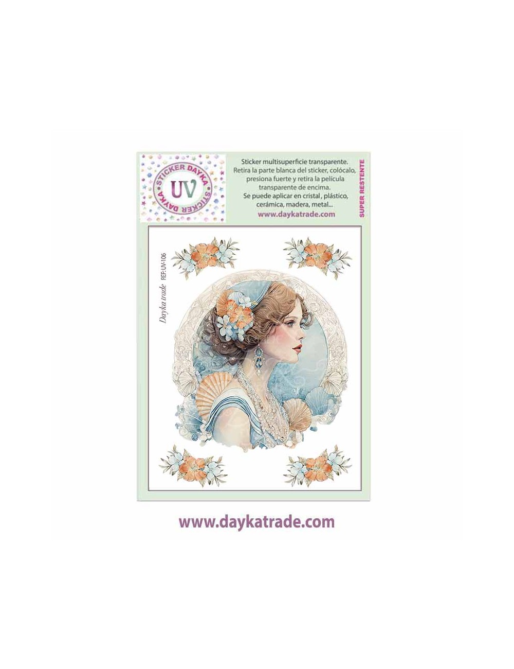 UV Sticker transparente con dibujo de chica con flores