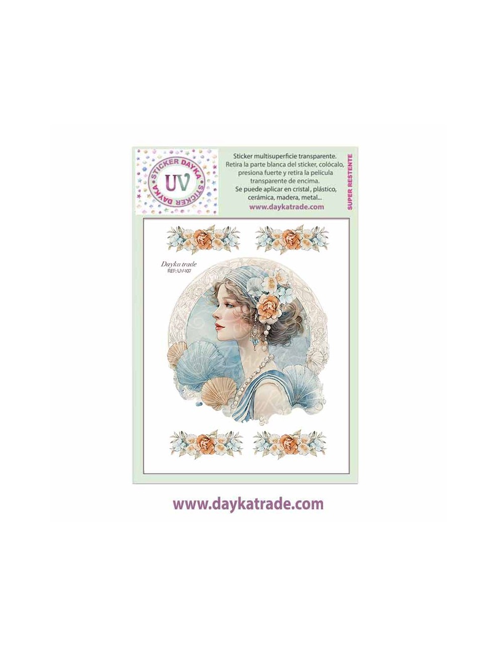 UV Sticker transparente con dibujo de chica con flores