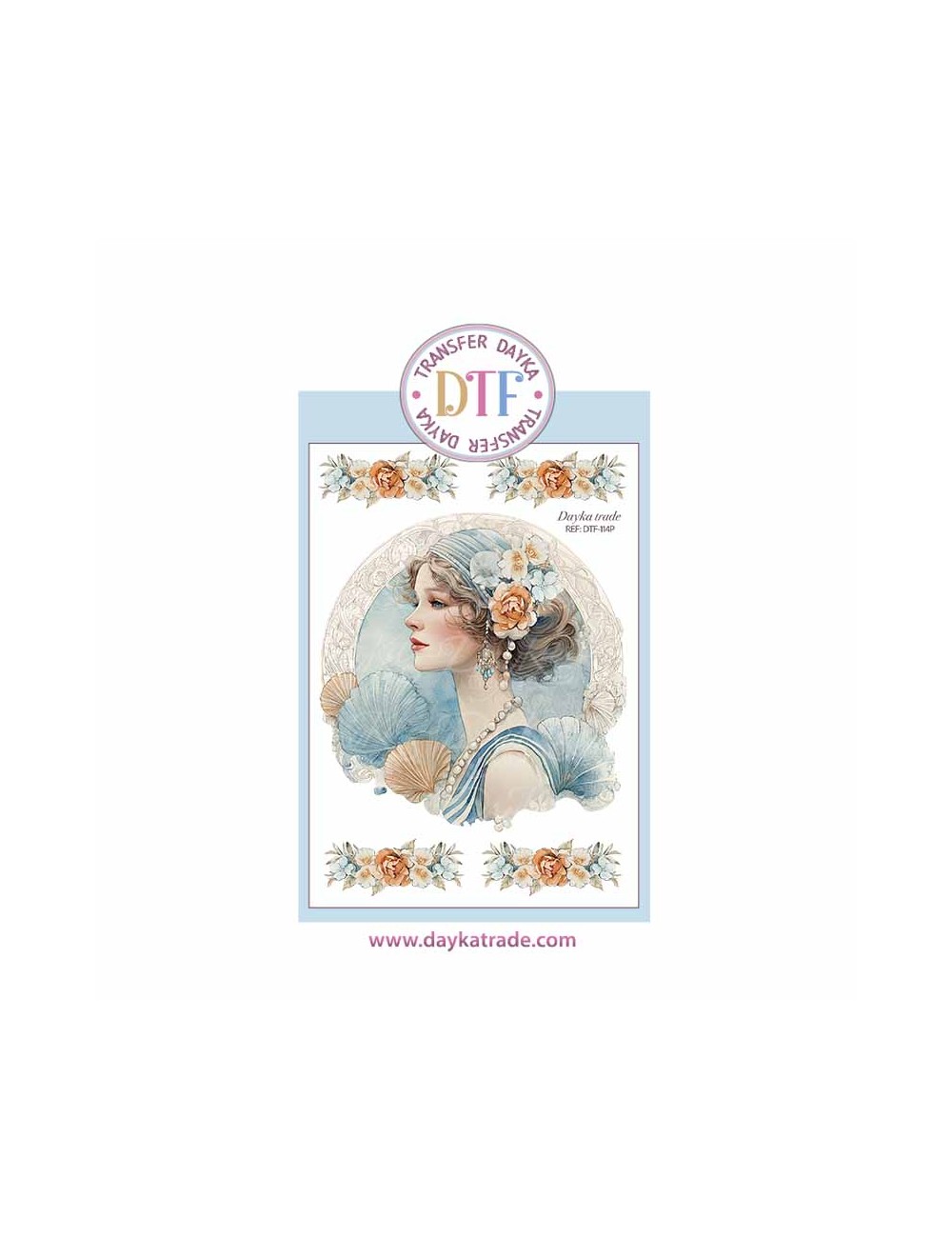 Trasferencia textil con dibujo chica años 20 azul con flores