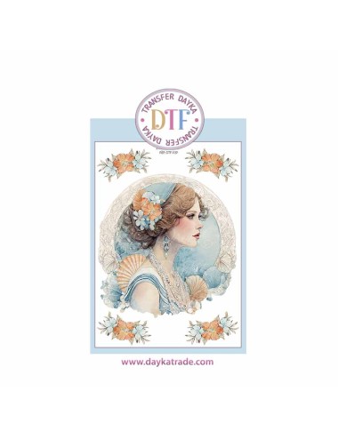 Trasferencia textil con dibujo chica años 20 azul con flores