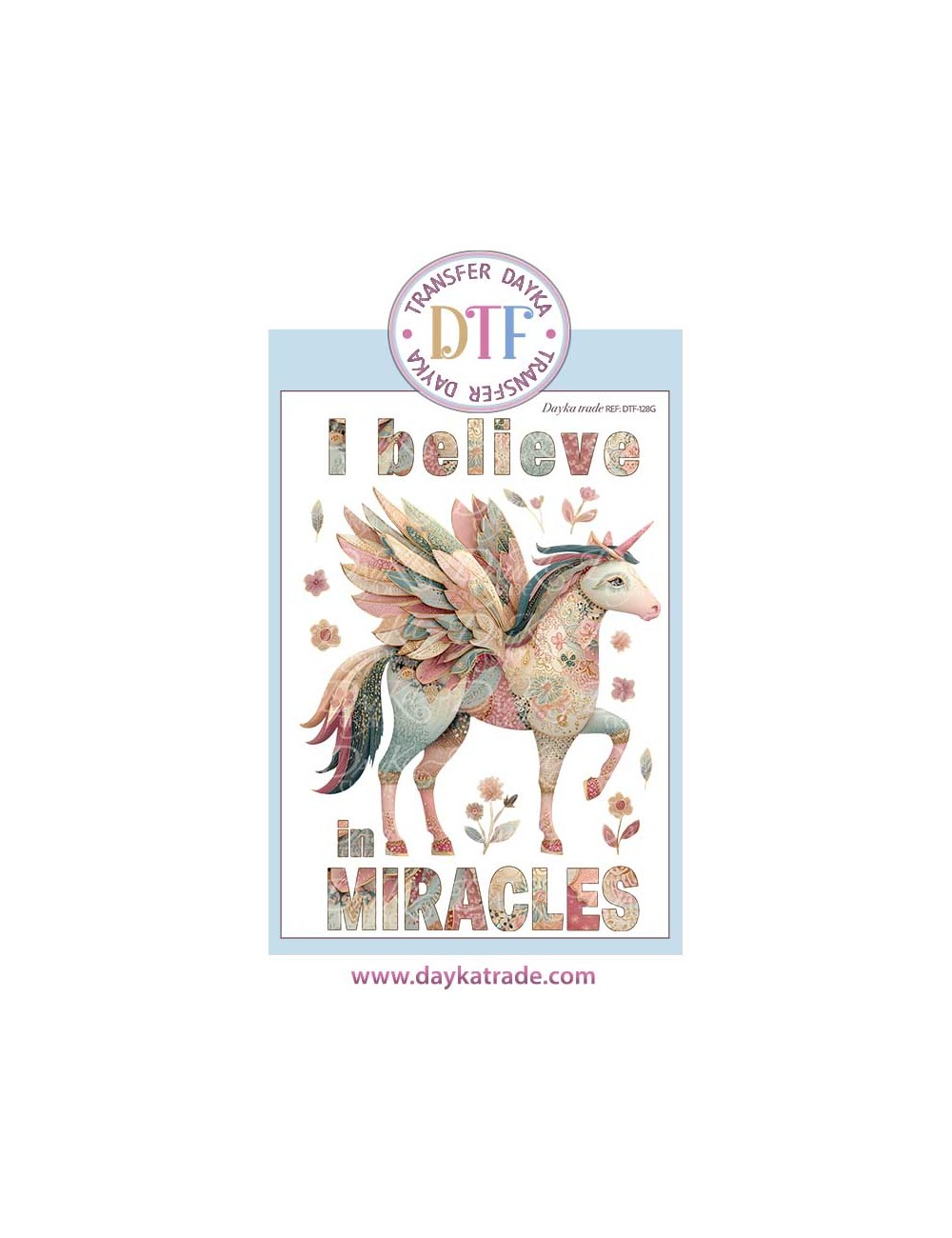 Trasferencia textil con dibujo de unicorino alado y texto " I belive on miracles".