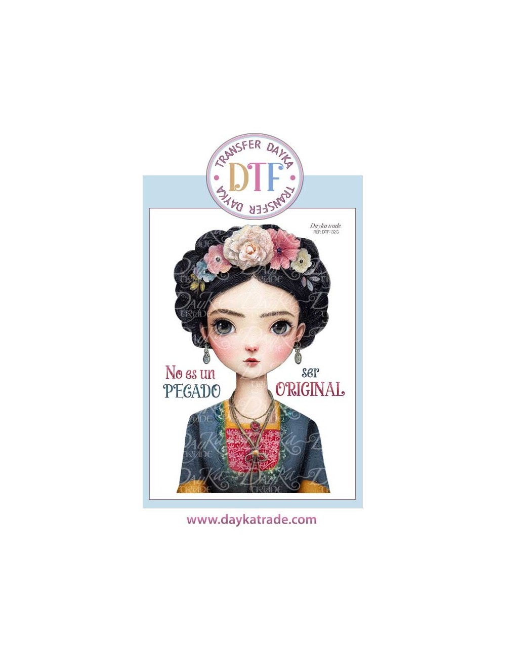 Trasferencia textil con dibujo chica, y texto" no es un pecado ser original"