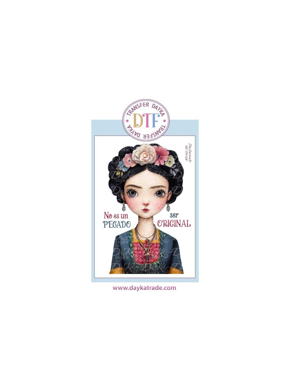 Trasferencia textil con dibujo chica, y texto"no es un pecado ser original"