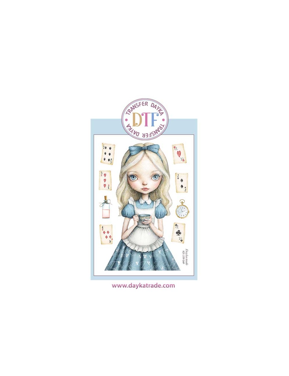 Trasferencia textil con dibujo chica, Alice con cartas y reloj