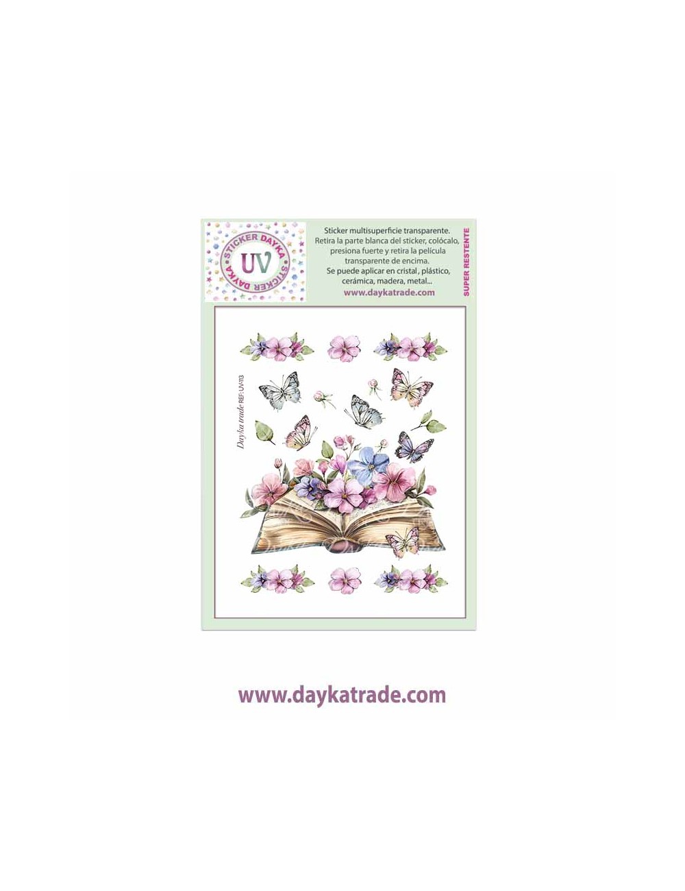 UV Sticker transparente de dibujo de libro con mariposas y flores