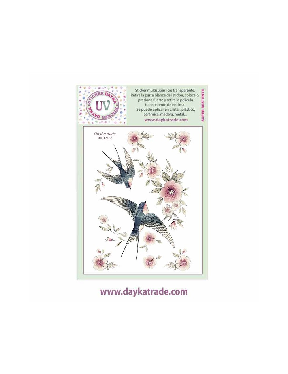 UV Sticker transparente de dibujo de golondrinas y flores