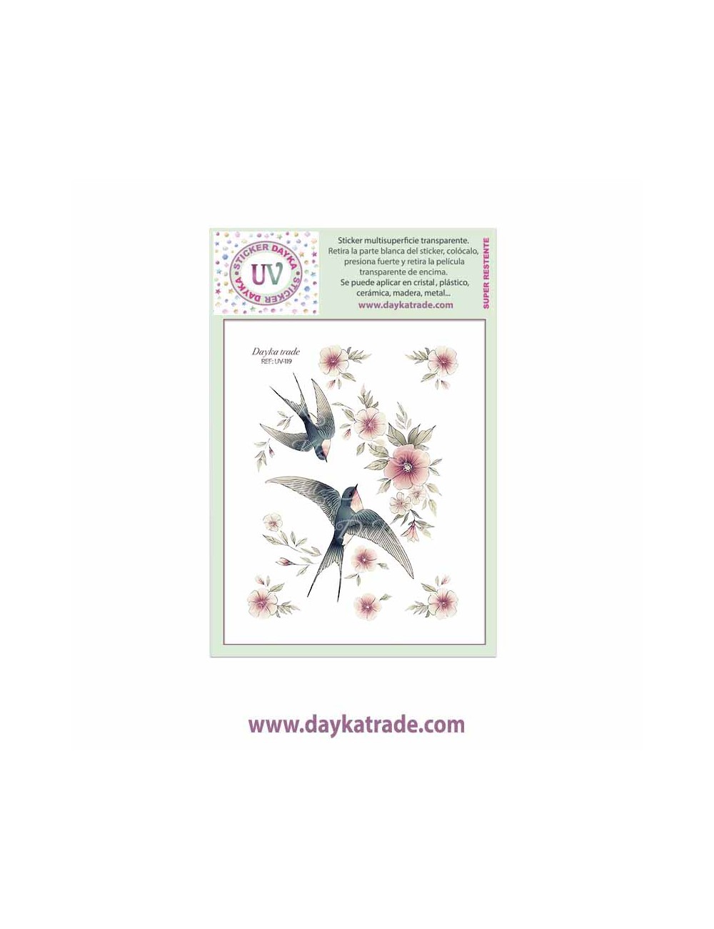 UV Sticker transparente de dibujo de golondrinas y flores