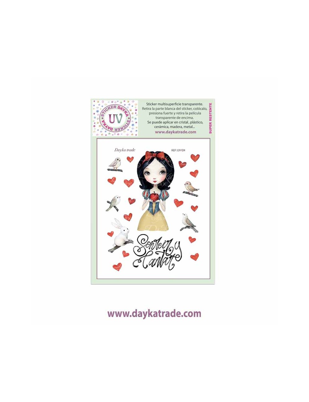 UV Sticker transparente de dibujo de chicas, Blancanieves con pájaros