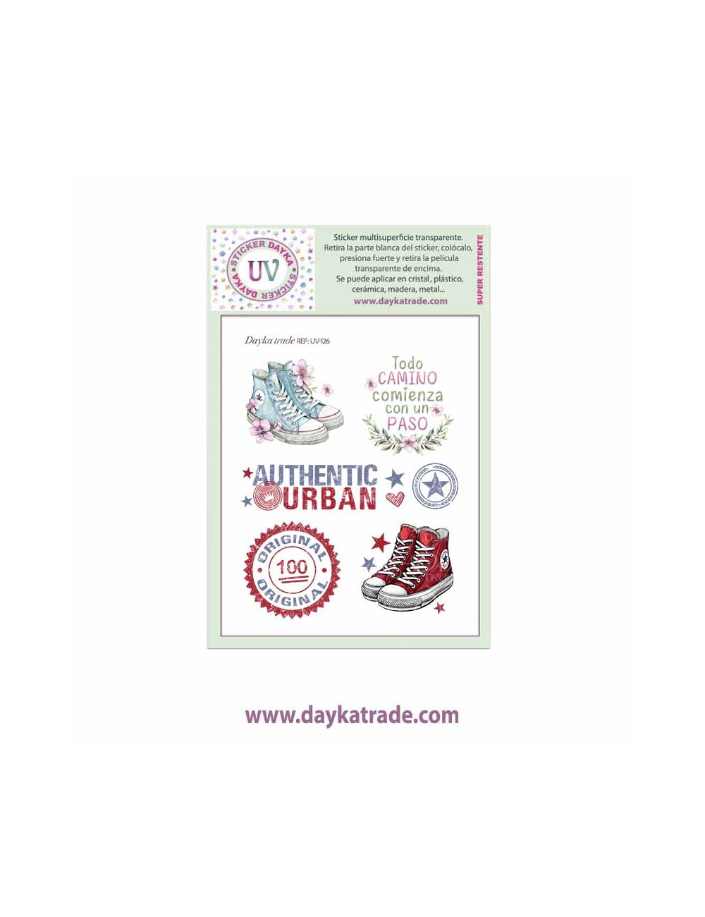 UV Sticker transparente de varios dibujos zapatillas rojas y azules y  frase