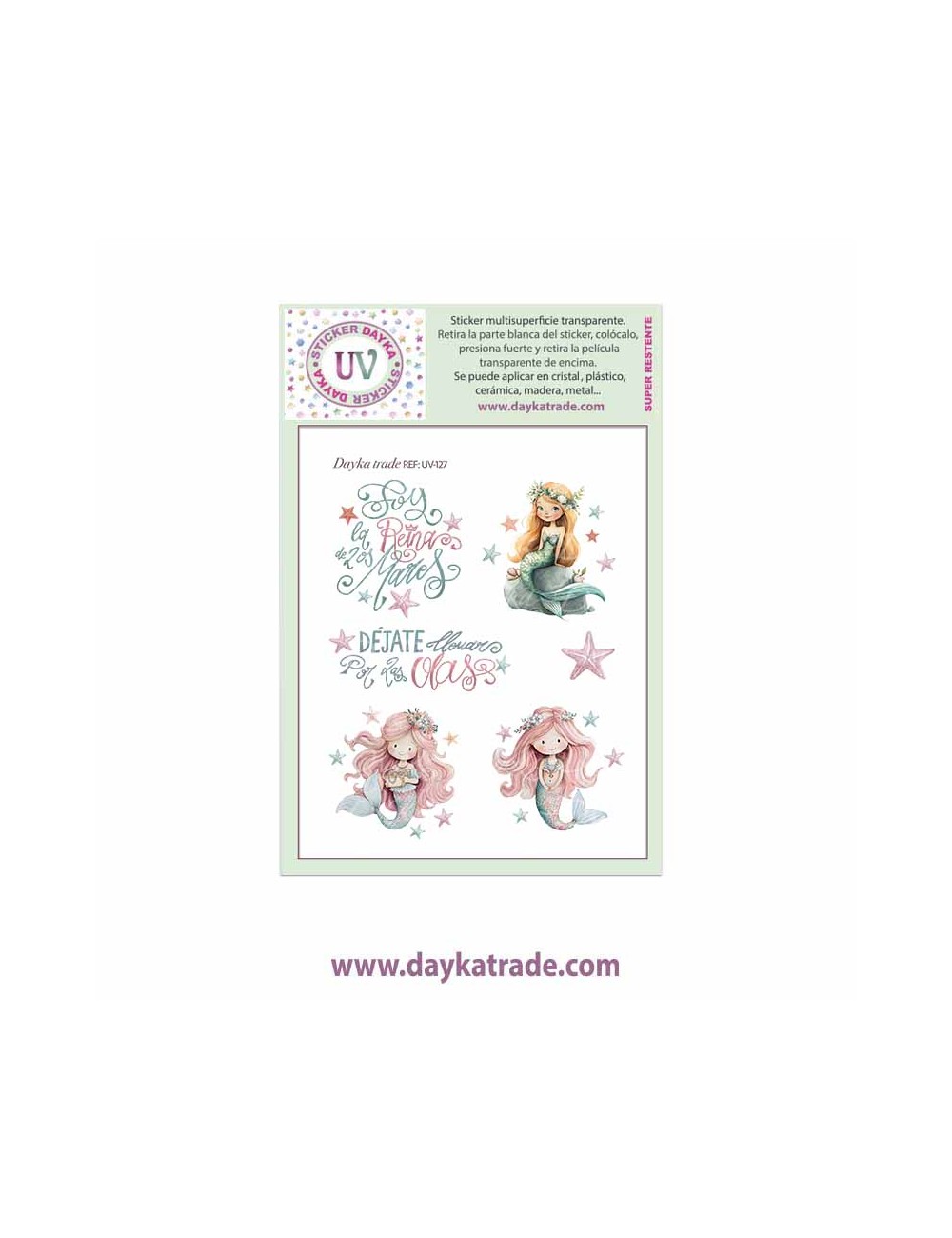 UV Sticker transparente de varios dibujos de sirenas y frases